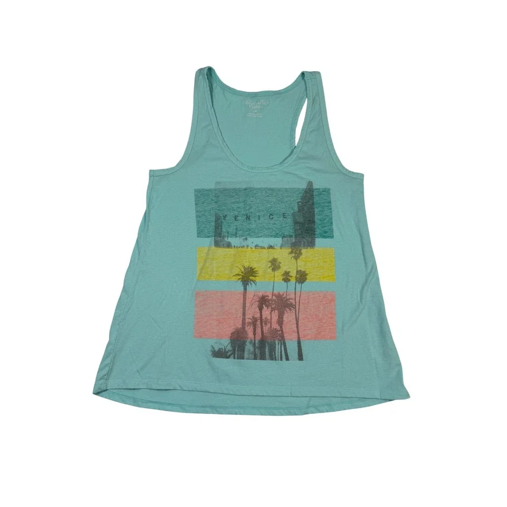 American Eagle Venice Beach Graphic Tank Top Teal Mens Large Racerback